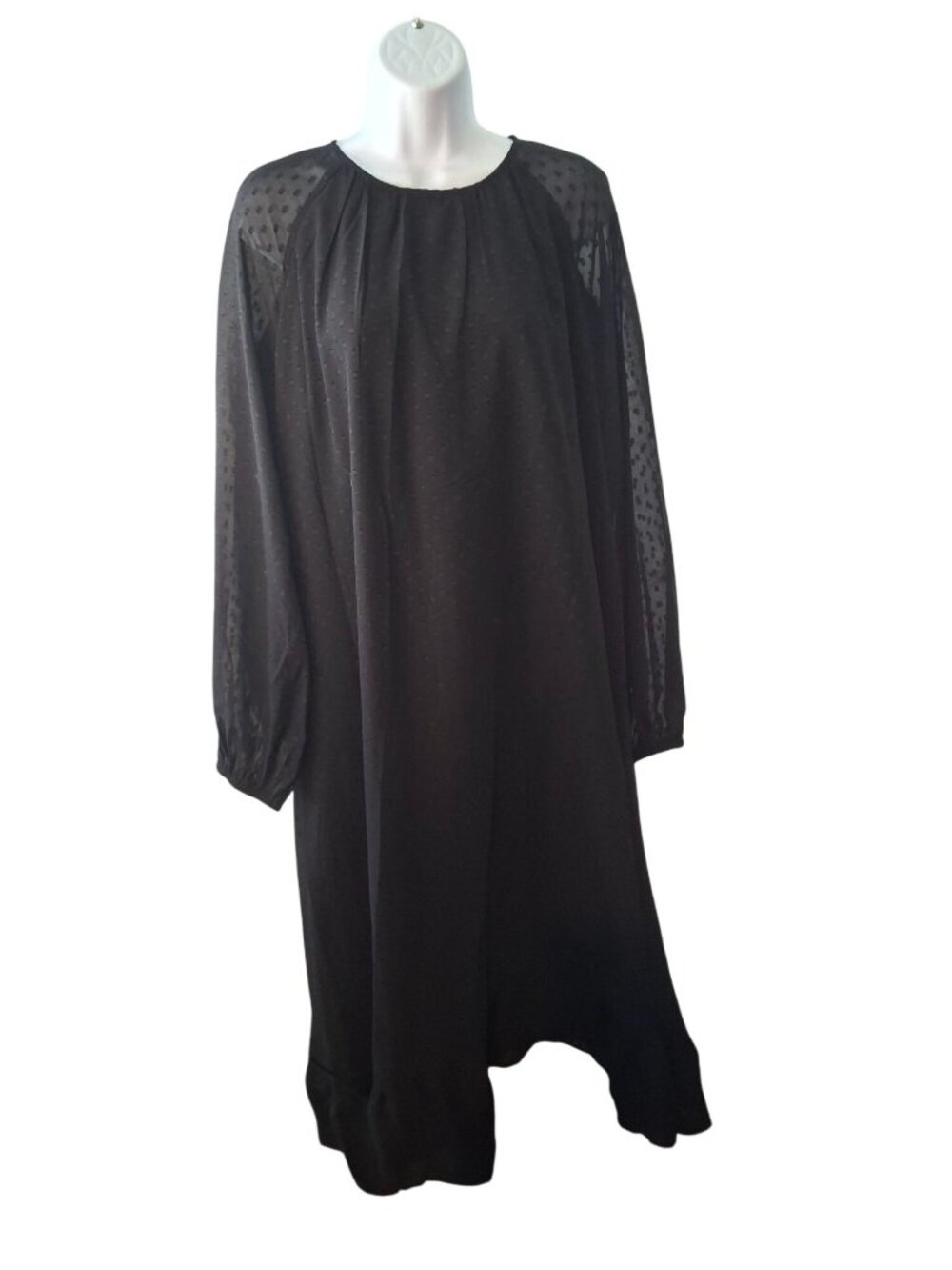 SHEIN Womens XL Black Swiss Dot Midi Dress Sheer Sleeve Boho Cottagecore Chic